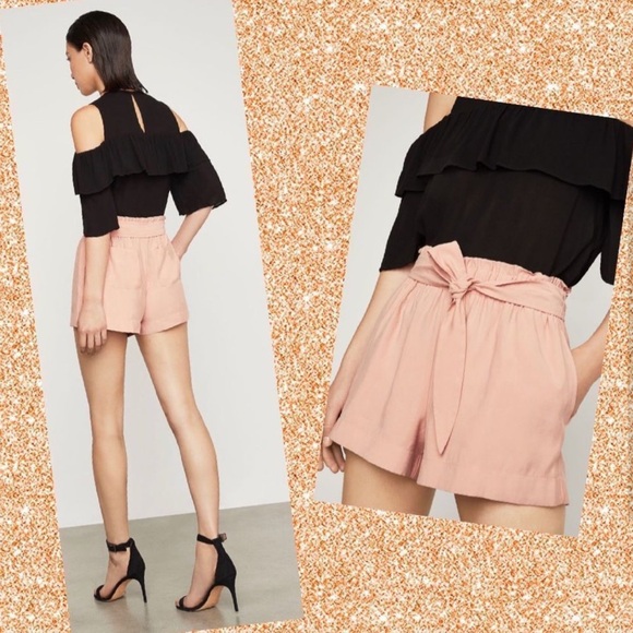 BCBGMaxAzria Paperbag Dressy Shorts Tie Waist Stretchy Dusty Peach Tan Medium - Picture 3 of 8